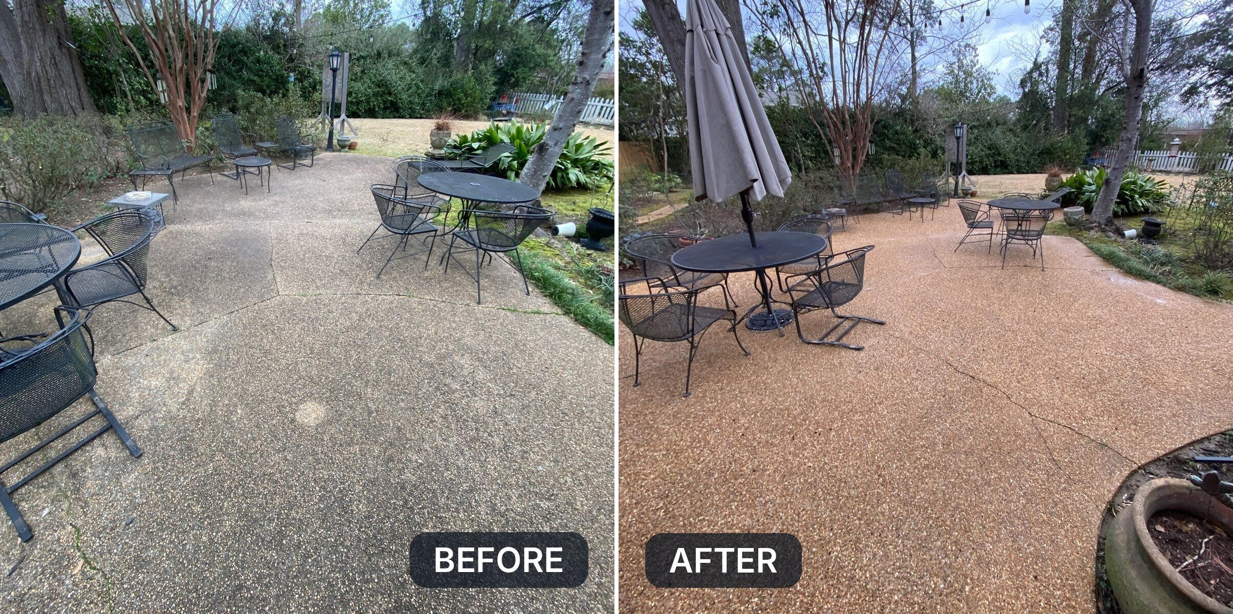 Before and after: a gray, weathered backyard patio pressure washed back to its original tan color in Jackson, MS.